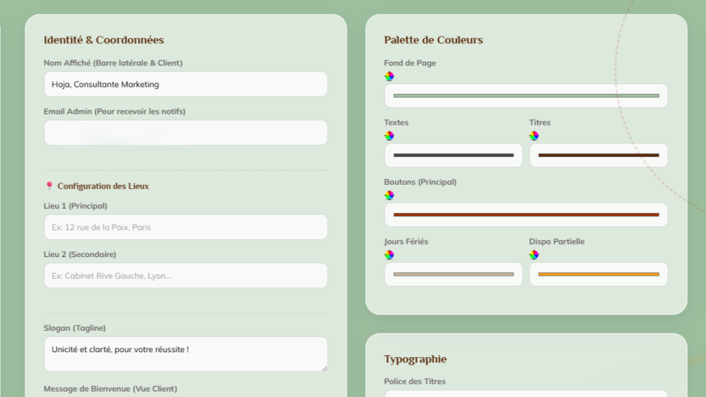 Interface de configuration Ethik'RDV permettant de personnaliser les couleurs, la typographie et l'identité visuelle de son agenda en ligne.
